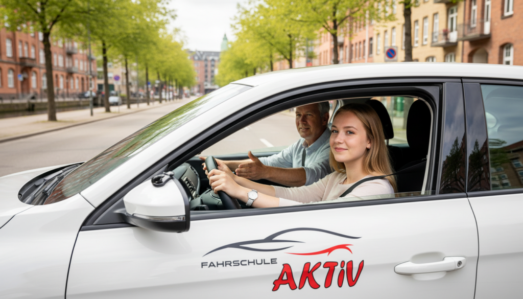 Junge Frau lernt stressfrei Auto fahren in Hamburg mit Fahrlehrer – Führerschein ohne Stress