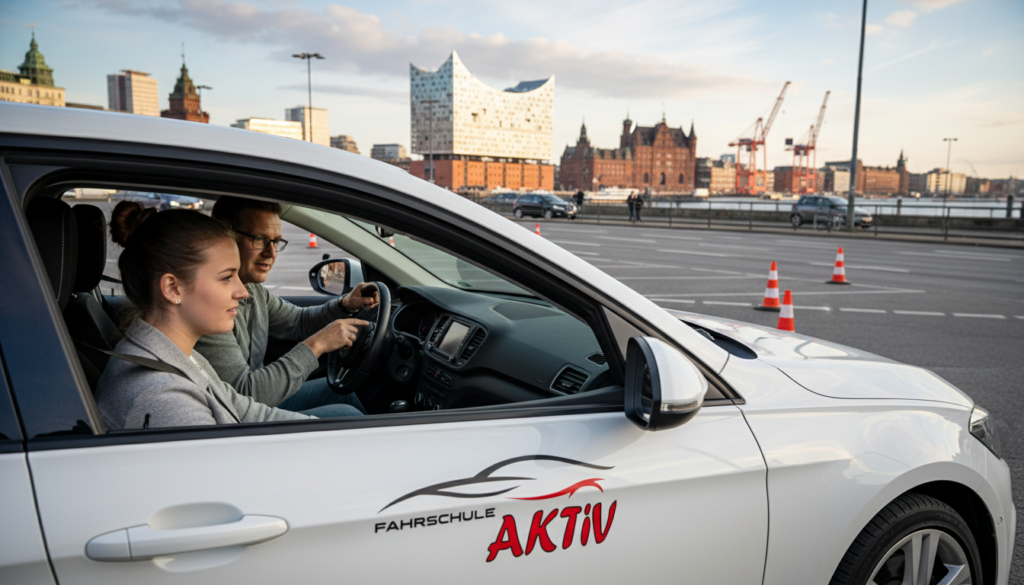 Fahrschülerin im Intensivkurs Führerschein Hamburg mit Fahrlehrer vor Lernwagen und Hamburger Stadtbild