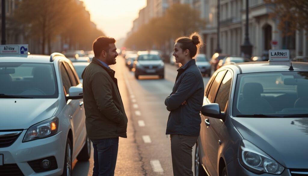 Fahrschüler in günstige Fahrschule Hamburg beim Fahrtraining mit Fahrlehrer vor urbanem Hamburg-Hintergrund