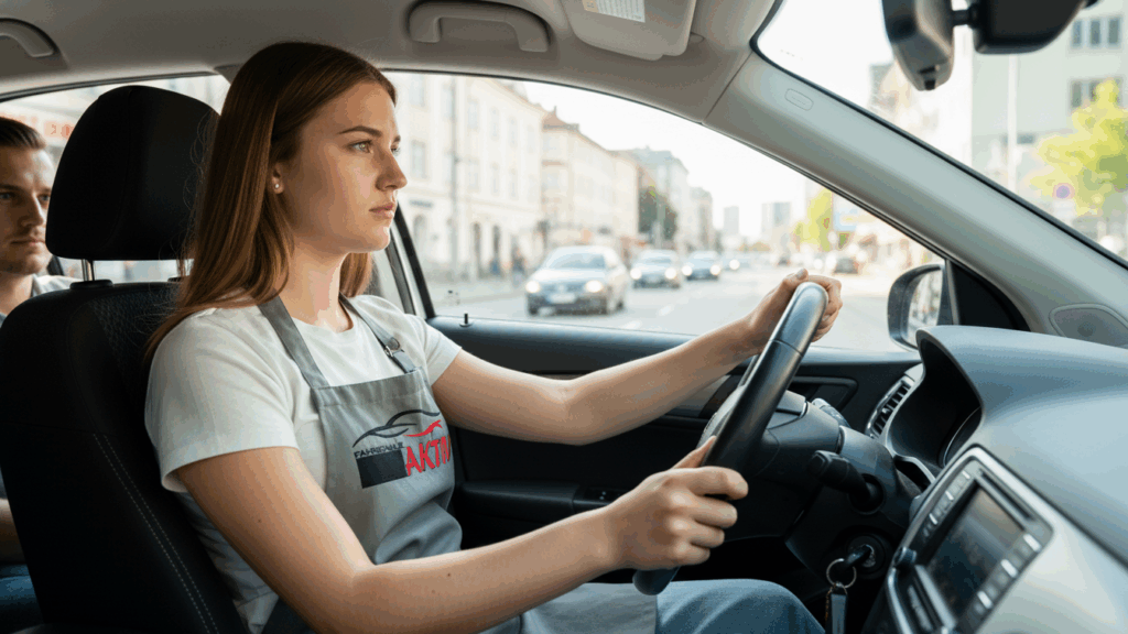 Fahrschülerin konzentriert sich beim Autofahren und vermeidet Multitasking in Hamburg