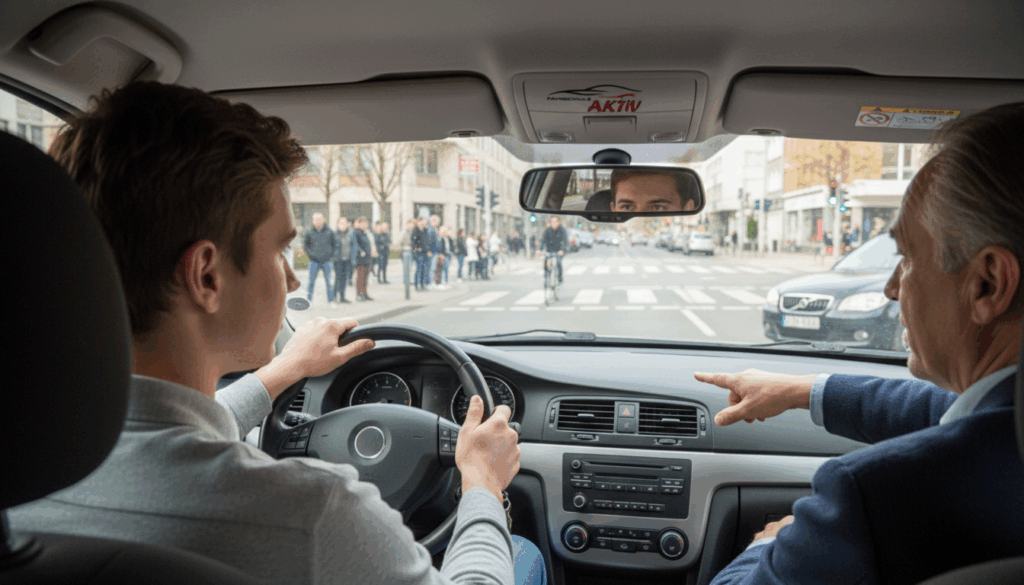 Fahrschülerin trainiert ihre Verkehrswahrnehmung mit Fahrlehrer in Hamburg