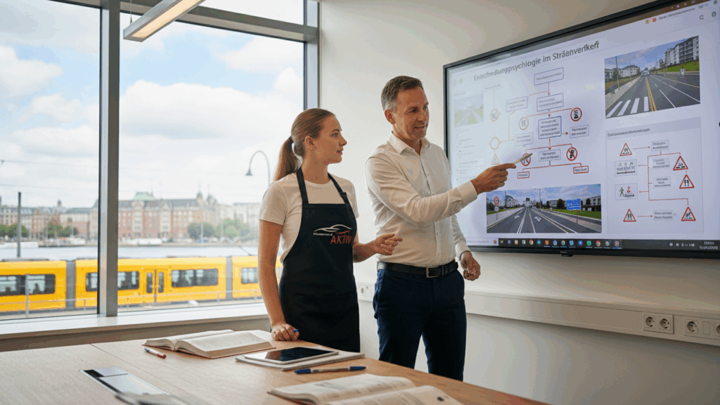 Entscheidungspsychologie im Straßenverkehr: Warum dein Gehirn manchmal zu spät reagiert 10 Wahrnehmungsverzerrung Fahrschülerin analysiert Entscheidungspsychologie im Straßenverkehr mit Fahrlehrer in Hamburg