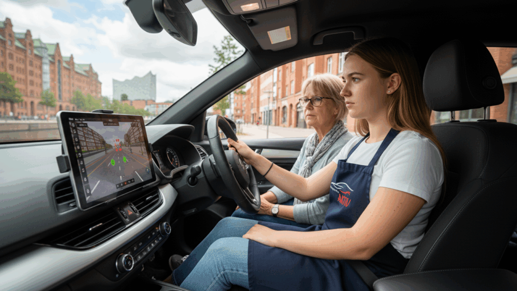 Die Psychologie der Reaktionszeit: Wie dein Gehirn Entscheidungen im Straßenverkehr trifft 7 Wahrnehmungsverzerrung Fahrschülerin trainiert Reaktionszeit beim Autofahren in Hamburg