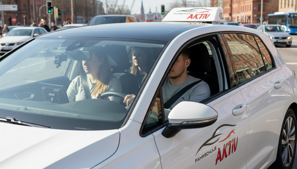 Fahrschüler trainiert kognitive Belastung und mentale Konzentration im Straßenverkehr in Hamburg.