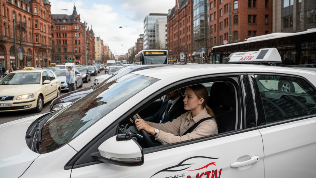 Die Kunst der Gelassenheit im Straßenverkehr: Wie du mit Geduld sicherer fährst 6 Wahrnehmungsverzerrung Fahrschülerin zeigt Gelassenheit im Straßenverkehr während der Rush Hour in Hamburg