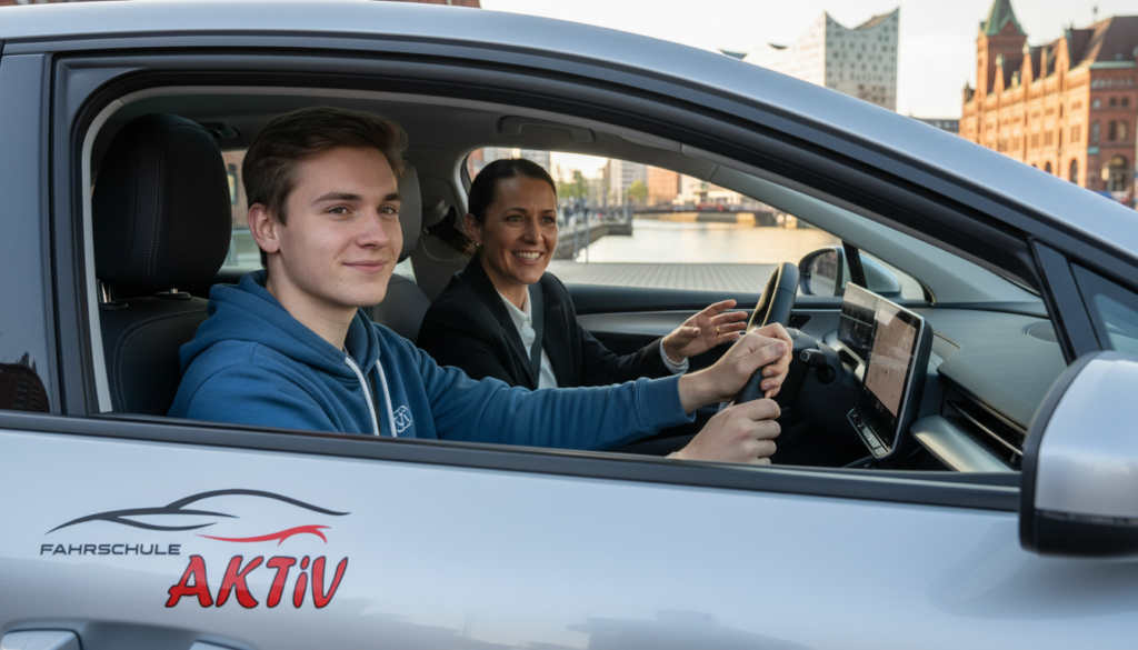 Fahrschülerin lernt entspannt und modern bei Günstige Fahrschule in Hamburg