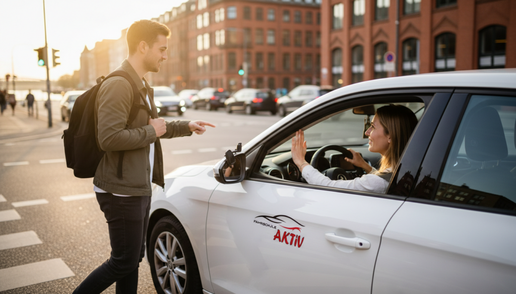 Fahrerin nutzt Blickkontakt und Körpersprache für sichere Verkehrskommunikation in Hamburg