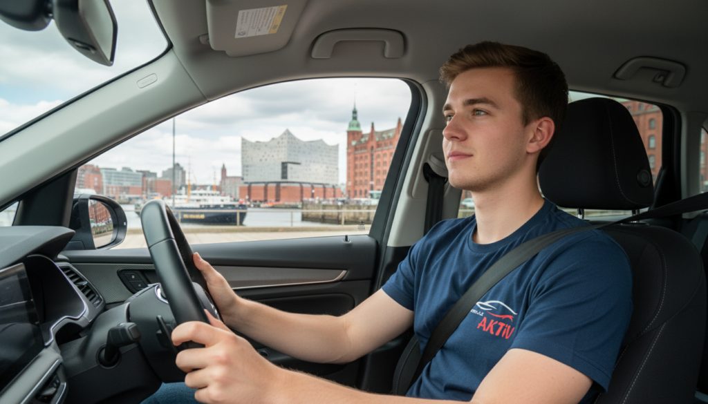 Fahrschüler übt mentales Energiemanagement für lange Autofahrten in Hamburg