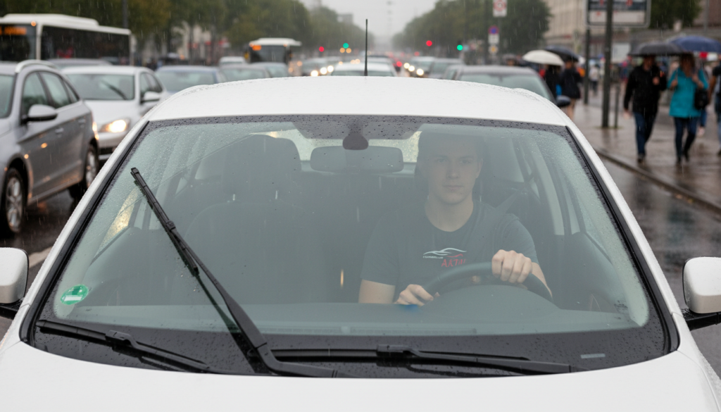 Fahrschüler wendet adaptive Fahrstrategie bei Regen und Verkehr in Hamburg an