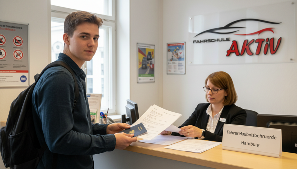 Fahrschüler reicht Unterlagen für Führerschein Anmeldung Hamburg ein