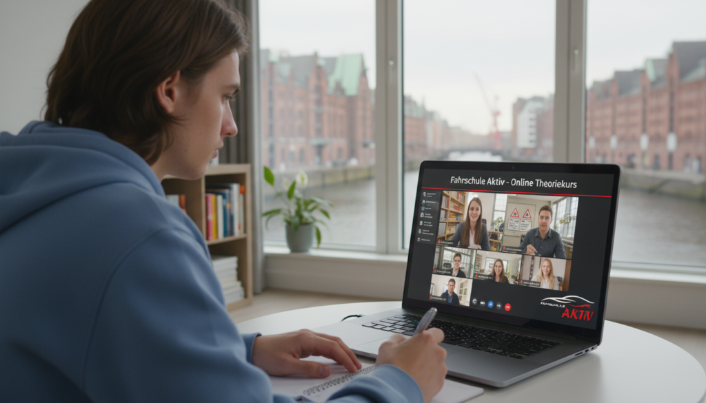 Fahrschüler nimmt am Online Theorieunterricht in Hamburg teil