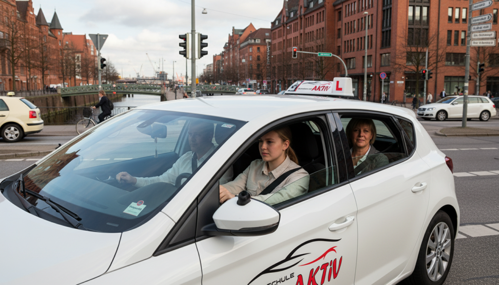 Fahrschüler absolviert praktische Fahrprüfung Hamburg mit Prüfer im Stadtverkehr