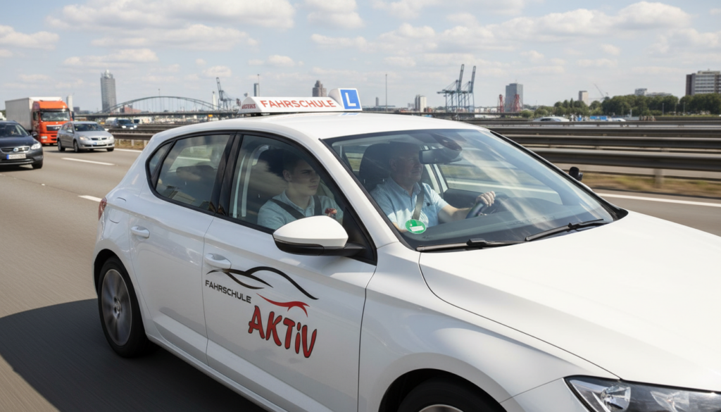 Fahrschüler absolviert Sonderfahrten Führerschein auf Autobahn in Hamburg